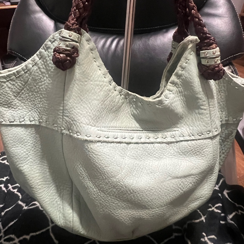 The Sak Leather Hobo Bag in Pale Mint with leather Braided Handles